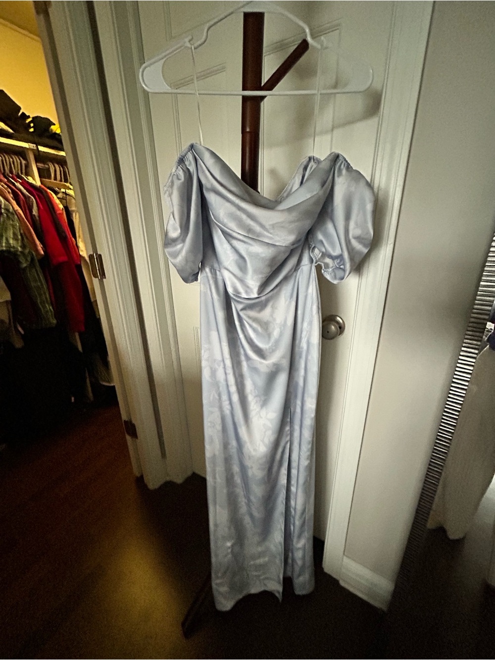 Jenny Yoo Blakely Whisper Blue Off-Shoulder Satin Evening Dress in Light Blue